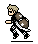 Pixel art character with blonde hair and sunglasses, wearing black outfit with white checkered patterns, carrying brown shield with white cross, shown in four running poses.
