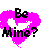 A pixelated heart-shaped icon with a bright pink fill and white negative space forming an inner shape, overlaid with black text reading "Be Mine?".