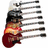 Red electric guitar with black pickguard and headstock, multiple identical copies arranged in a fan pattern against white background.