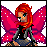 Pixel art character with red hair and pink wings, wearing a black top and gray jacket, seated against white background.