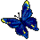 Pixelated butterfly with blue and yellow wing patterns on a gray background, static image.