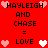 Red background with pixelated text and heart symbols arranged in two vertical , each displaying 'HAYLEIGH AND CHASE = LOVE' with alternating pink and white hearts