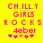 Yellow background with pink pixelated text reading CH.ILL.Y GIRLS ROCKS 4eber and five symbols below, with one symbol changing from pink to orange between frames.