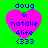 Four identical pink heart-shaped icons with blue text on a green background, each displaying 'doug & natalie 4life (333)' in pixelated font.