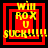 Four identical red square icons with black borders and yellow text reading "Will ROX U SUCK!!!!!" arranged in a