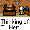 Animated contact sheet of 13 pixel art frames showing a character's emotional progression from bedroom to computer screen with repeated 'Thinking of Her...' text.