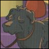 A static image of a cartoon dog with dark green fur, a brown collar, and a red circular object behind it, set against a purple and yellow background.