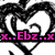 Two mirrored heart-shaped black-and-white patterns with a horizontal text banner displaying 'x..Ebz..x' in alternating pink and orange colors.