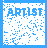 Pixelated blue and white icon with 'ARTIST' text in blocky letters, surrounded by scattered blue pixels on a white background.