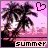 Pixelated summer scene with palm tree silhouette against pink and purple gradient sky, heart symbol in top right corner, 'SUMMER' text at bottom.