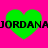 Four green heart shapes on a bright pink background with black text reading JORDANA repeated horizontally across the image.