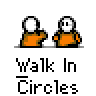 Pixelated orange figures in various walking poses with white heads, displayed under 'Walk In Circles' text on a gray background.