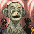 Pixelated monkey-like figure with gray skin, red eye spot, and open mouth showing teeth against pinkish background.