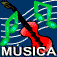 Pixelated graphic with two red violins, green and purple musical notes on blue background, 'MUSICA' text in white and green.
