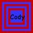 Four identical square arranged in a , each containing nested red and blue squares with the text "Cody" centered on a blue background