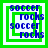 Four identical square display blue text 'soccer rocks' repeated in a pattern over green and white layered squares