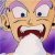 Pixelated cartoon character with wide eyes, open mouth showing teeth and a red bow tie, purple sleeves on light-colored body.