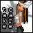Pixelated character with long brown hair and white headband, wearing white top and dark pants, standing against gray background with text elements.