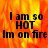 A pixelated image with fiery orange and red background displaying text "I am so HOT Im on fire" in bold black letters.