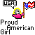 Pixel art of a girl with yellow hair and pink clothing holding a flag, with 'USA!' speech bubble and 'Proud American Girl' text below.