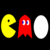Static pixel art of three Pac-Man characters: yellow Pac-Man, red ghost with blue eyes, and white oval shape on black background.