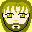 Pixel art avatar with green hair and yellow eyes showing three distinct facial expressions