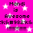 Pixelated text on a pink background with white stars, displaying "Mandi is Awesome" and repeated symbols with exclamation marks.