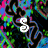 A pixelated image with a colorful, abstract background featuring swirling patterns in blue, green, pink, and black. White stylized letters 'S', 'Y', 'M', and 'M' appear prominently against the vibrant backdrop.