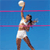 Pixelated static image of a female volleyball player in mid-air jump serving against blue background with pink net lines.