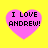 Four pink heart shapes on a yellow background, each containing black pixelated text reading "I LOVE ANDREW!" in two lines.