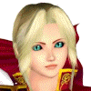 A blonde female character with blue eyes and red-and-gold clothing appears in four showing eye and head position changes