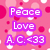 Pixelated pink background with scattered red and white dots, featuring three purple rectangular text boxes containing 'Peace', 'Love', and 'AC.<33' in white pixelated font.