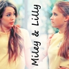 Two women in yellow tops face each other against a blurred background with vertical text reading 'Miley & Lilly' between them.