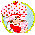 Pixelated cartoon character with red dress and white hair in circular frame, another version shows the same figure standing upright with arms raised.