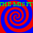 Four red and blue spiral patterns arranged in a with green text repeating 'THE MOSF' across the top and bottom edges