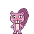 Pixelated character with pink body, purple hair, red nose, and wide grin showing teeth against gray background.