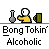 Pixel art animation of a yellow-shirted figure with white head holding a flask, pouring into a green container, with text below reading "Bong Tokiri Alcohol".