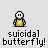 Pixel art character in yellow shirt with white face and black eyes, displaying sequential animation of butterfly effects and explosion transitions.