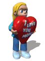 A blonde character in blue shirt and pants holds a red heart with 'I LOVE YOU MOM!' text, showing varied facial expressions and slight pose shifts across frames.