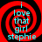 Four identical red and black spiral backgrounds with cyan text reading "i love that girl stephie" arranged in a