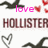 Animated icon with repeated 'HOLLISTER' text, pink 'love it', and '<33' over black wave shapes and red hearts on white background.