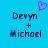 Pixelated blue background with dark text reading 'Devyn + Michael' and a pink heart symbol above the left side.