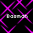 Pixelated text 'Basmah' repeated four times on a black background with overlapping pink diamond-shaped lines.