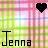 Pixelated image with pastel plaid background, black text 'Jenna' at bottom left, and dark heart symbol in top right.
