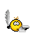 Yellow circular character with orange antennae and black arms holds silver chainsaw; facial expressions shift across frames including neutral, angry, surprised, and closed eyes.