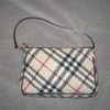 A static image showing a Burberry handbag with checkered pattern, a close-up of the checkered fabric, and a pair of sunglasses with the Burberry logo.