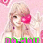 Pixelated anime-style character with blonde hair and red heart-shaped eyes, waving against pink background with floating hearts.