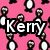 Pink background with repeating pixelated penguin figures; three text labels 'Kerry', 'Dani', and 'Bfli' in white block letters on black rectangles.