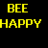 Pixelated bee icon with striped body and antennae, next to yellow text reading 'BEE HAPPY' on black background.