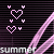 Pixelated pink hearts and stars float above the word 'summer' on a black striped background with diagonal pink lines.